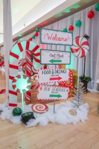 A table with signs and decorations on it