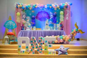 A birthday party with balloons and decorations