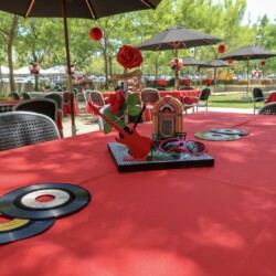 A table with red cloth and records on it