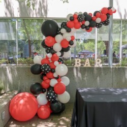 A balloon arch with black, white and red balloons.