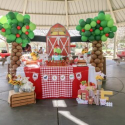 A table with balloons and decorations in the shape of a barn.