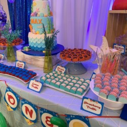 A table with several different types of food on it.