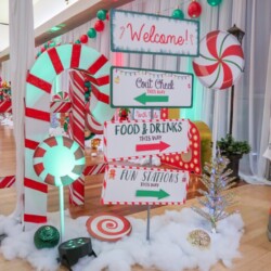 A table with signs and decorations on it