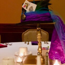 A table with candles and a hat on it
