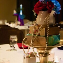 A table with a bunch of fancy items on it