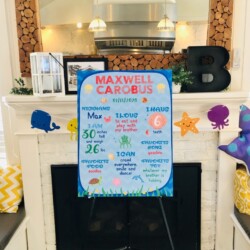 A sign in front of a fireplace with the names of all the events.