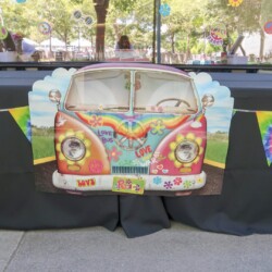 A table with a vw bus cut out on it