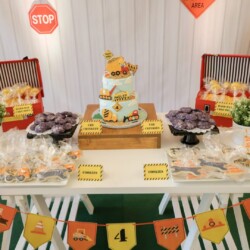 A table with food and decorations on it
