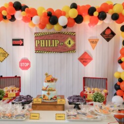 A table with food and decorations on it