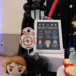 A table with star wars decorations and other items.