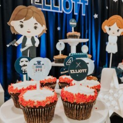 A table with cupcakes and a cake on it