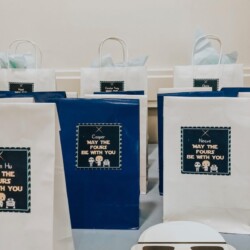 A group of bags with labels on them
