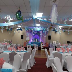 A room with many tables and chairs in it