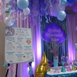 A table with balloons and decorations in the background.