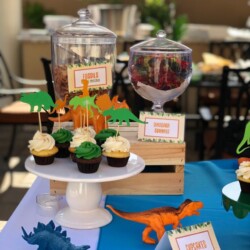 A table with cupcakes and other treats on it.