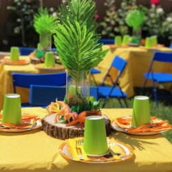 A table set up with plates and cups on it