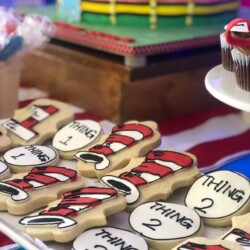 A table with cookies and cupcakes on it