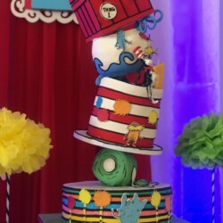 A cake that is shaped like the cat in the hat.