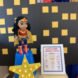 A wonder woman doll sitting on top of a star.
