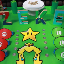 A table with a star and mario characters on it.