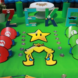 A table with a yellow star and mario characters.
