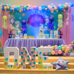 A birthday party with balloons and decorations