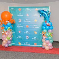 A photo booth with balloons and decorations on the floor.