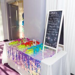 A table with some colorful decorations on it