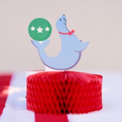 A red and white table cloth with a blue seal holding a ball.