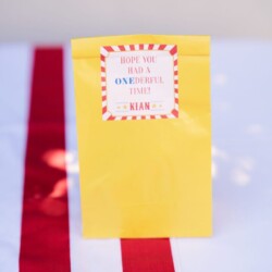 A yellow bag with a red and white striped ribbon.