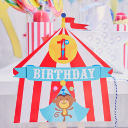 A birthday party with circus tent decorations and balloons.